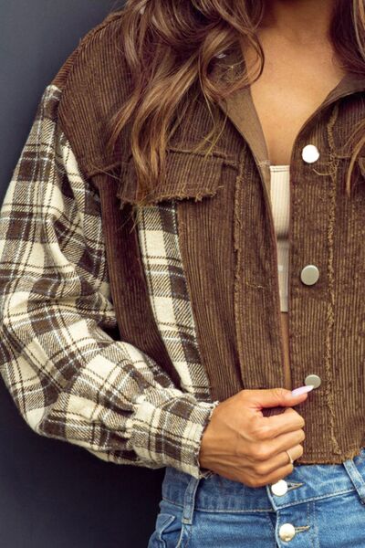 Veste courte à capuche en plaid à ourlet brut – Vêtement d'extérieur tendance boutonné avec ourlet brut décontracté