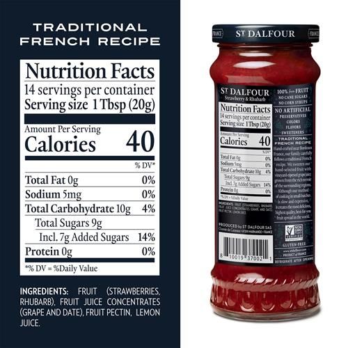 Confiture de fruits fraise et rhubarbe St. Dalfour - 280 g - 100 % fruits et rhubarbe, sans ingrédients artificiels, sans OGM, sans sucres de canne, entièrement naturelle