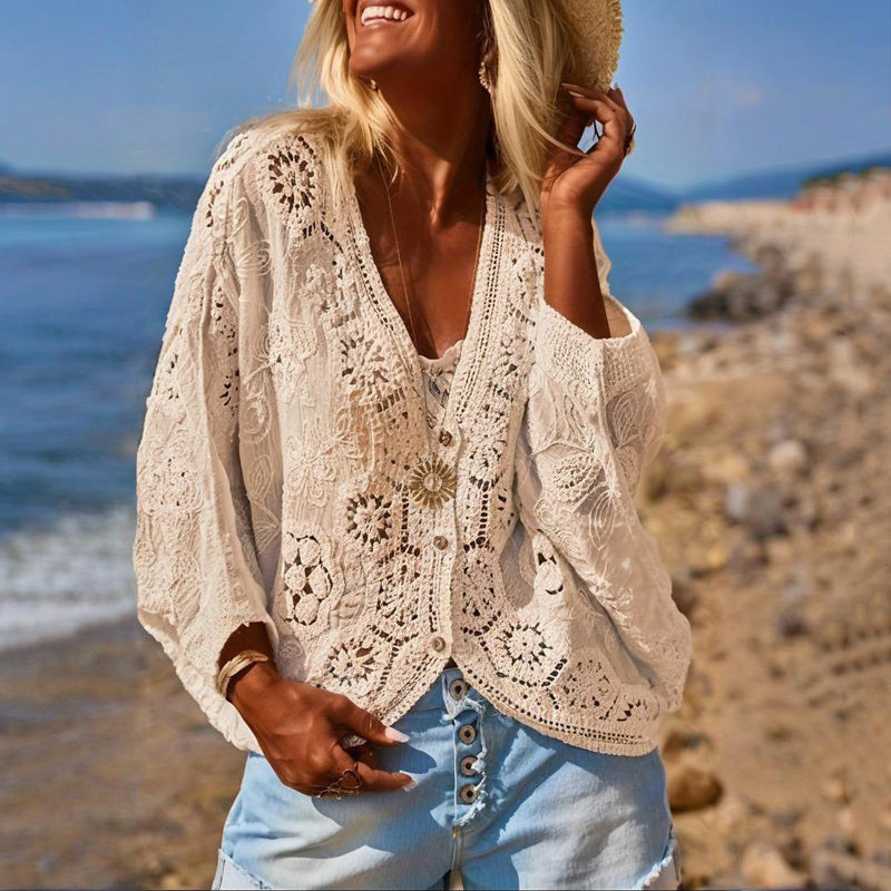 Cardigan col V en dentelle bohème