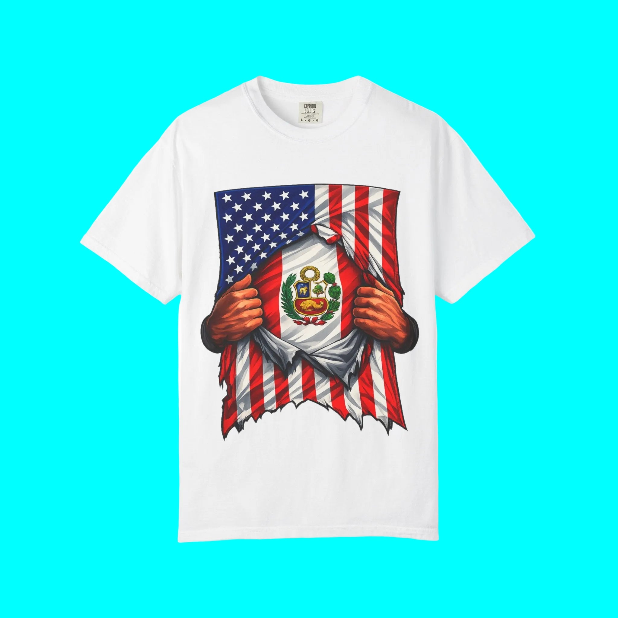Drapeau Pérou + Drapeau USA T-shirt Fierté | Drapeau Péruvien + Américain Déchiré 4 Juillet | T-shirts Latino Drôles Viraux | Unisexe - 4 Couleurs