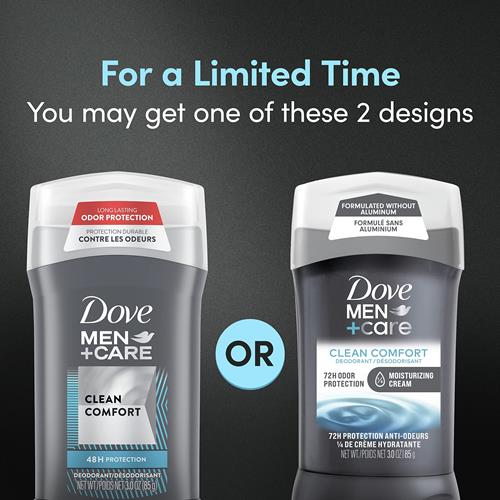 Déodorant en bâton Dove Men+Care pour hommes Clean Comfort Sans aluminium Protection anti-odeurs 72 heures Déodorant pour hommes avec 1/4 de crème hydratante 85 g