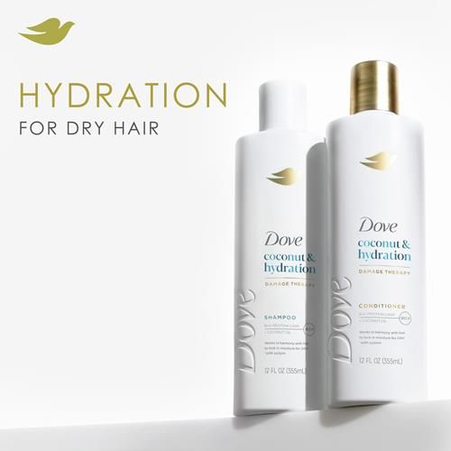 Shampooing et revitalisant Dove Noix de Coco & Hydratation, lot de 2, pour cheveux secs avec la technologie Bio-Protein Care et de l'huile de noix de coco, 355 ml