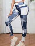 Pantalon de Yoga et Fitness Taille Haute Effet Ventre Plat Coupe Ajustée Imprimé Carreaux Pêche Effet Denim