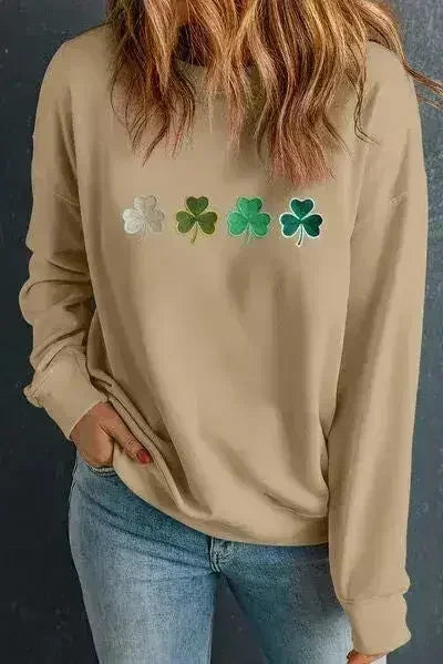 Sweat-shirt col rond motif trèfle brodé