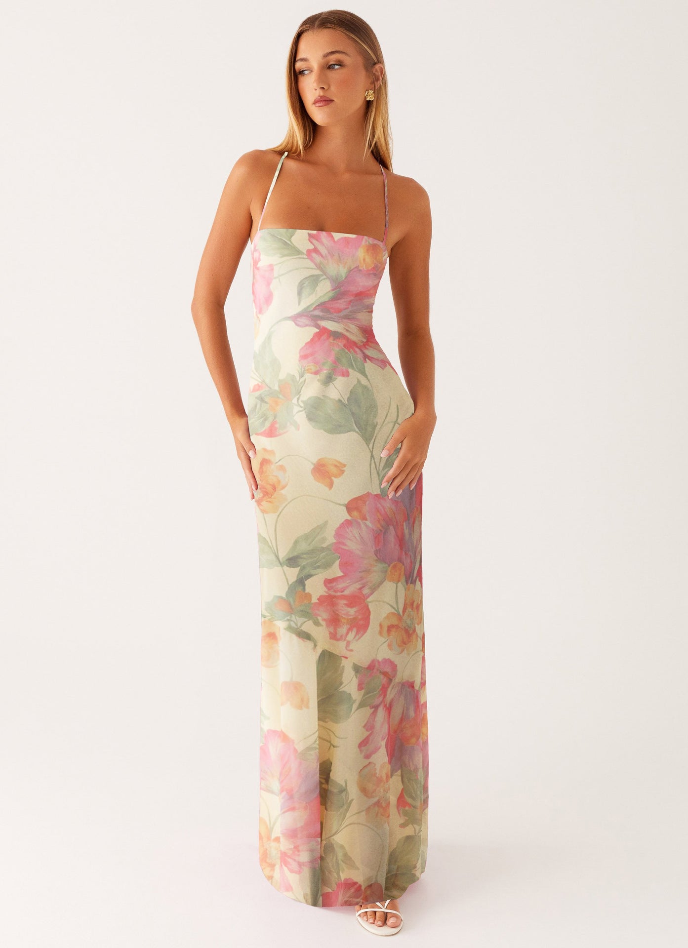 Robe longue moulante sans manches à bretelles imprimée | Taille haute