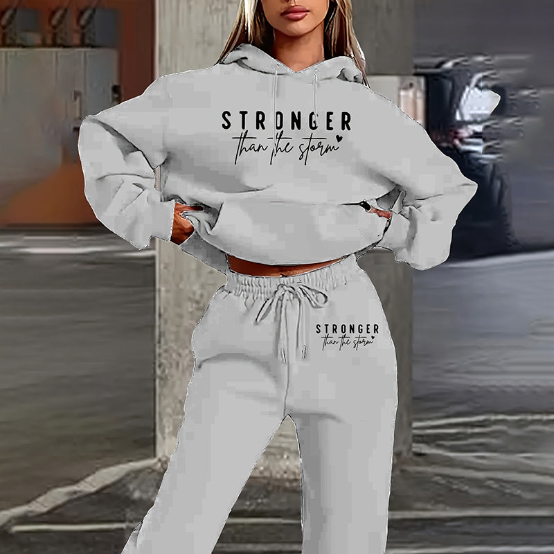 Ensemble 2 pièces uni pour femme, sweat à capuche avec imprimé lettre et poche