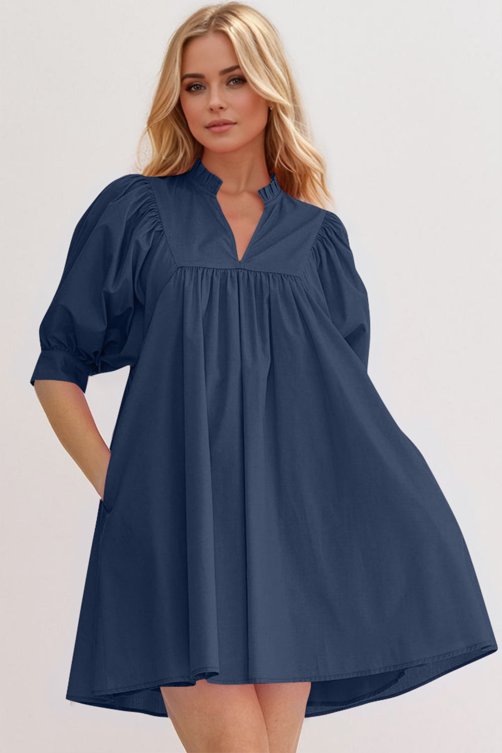 Mini-robe rose à manches bouffantes Robe décontractée et féminine pour femme Robe d'été simple et classique