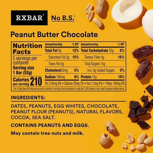 Barres protéinées Rxbar, En-cas protéiné, Barres d'en-cas, Beurre de cacahuète et chocolat, Boîte de 258 g (5 barres)