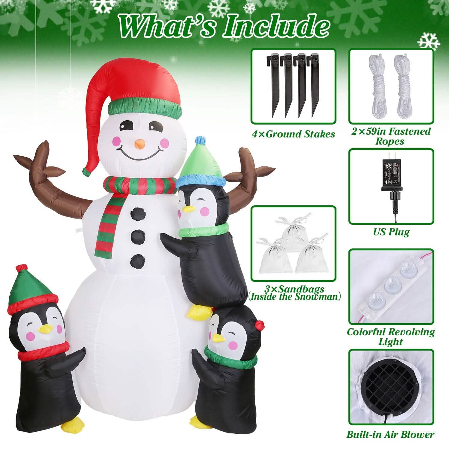 Bonhomme de neige et pingouin gonflables de 1,8 m avec soufflerie intégrée et lumières LED