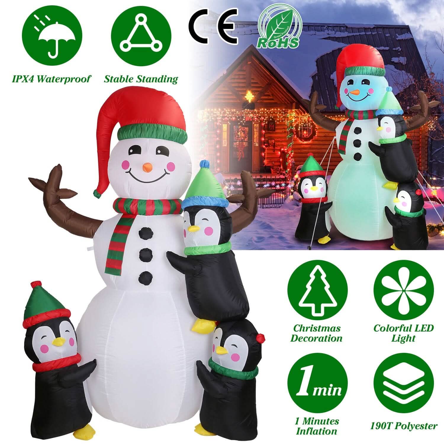 Bonhomme de neige et pingouin gonflables de 1,8 m avec soufflerie intégrée et lumières LED