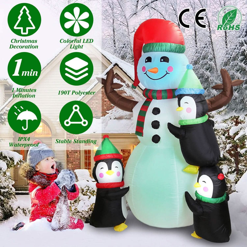 Bonhomme de neige et pingouin gonflables de 1,8 m avec soufflerie intégrée et lumières LED