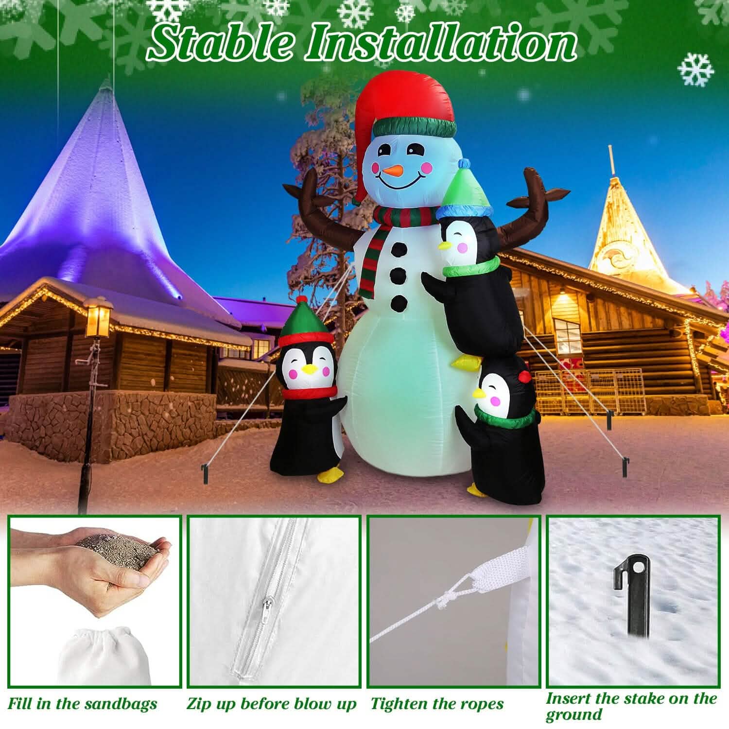 Bonhomme de neige et pingouin gonflables de 1,8 m avec soufflerie intégrée et lumières LED