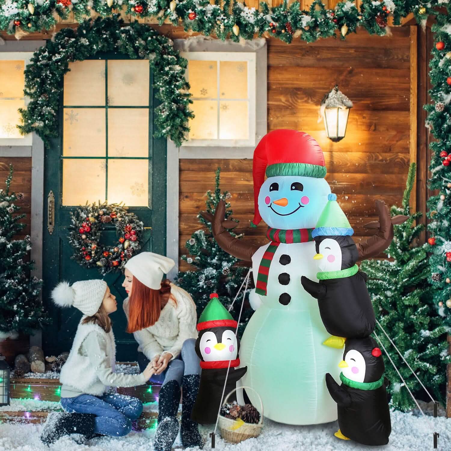 Bonhomme de neige et pingouin gonflables de 1,8 m avec soufflerie intégrée et lumières LED
