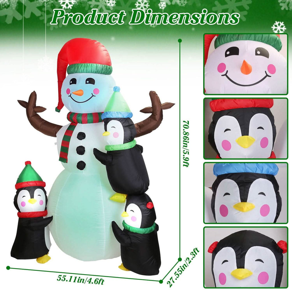 Bonhomme de neige et pingouin gonflables de 1,8 m avec soufflerie intégrée et lumières LED