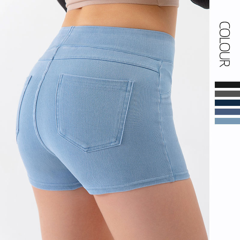 Short de yoga taille haute effet denim gainant et rehausseur de fessier – Short de sport amincissant avec contrôle du ventre