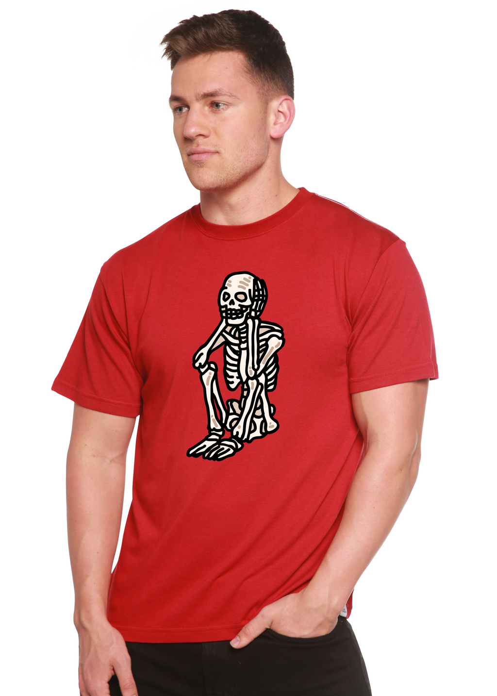 T-shirt graphique unisexe squelette triste Halloween en bambou viscose/coton biologique à manches courtes
