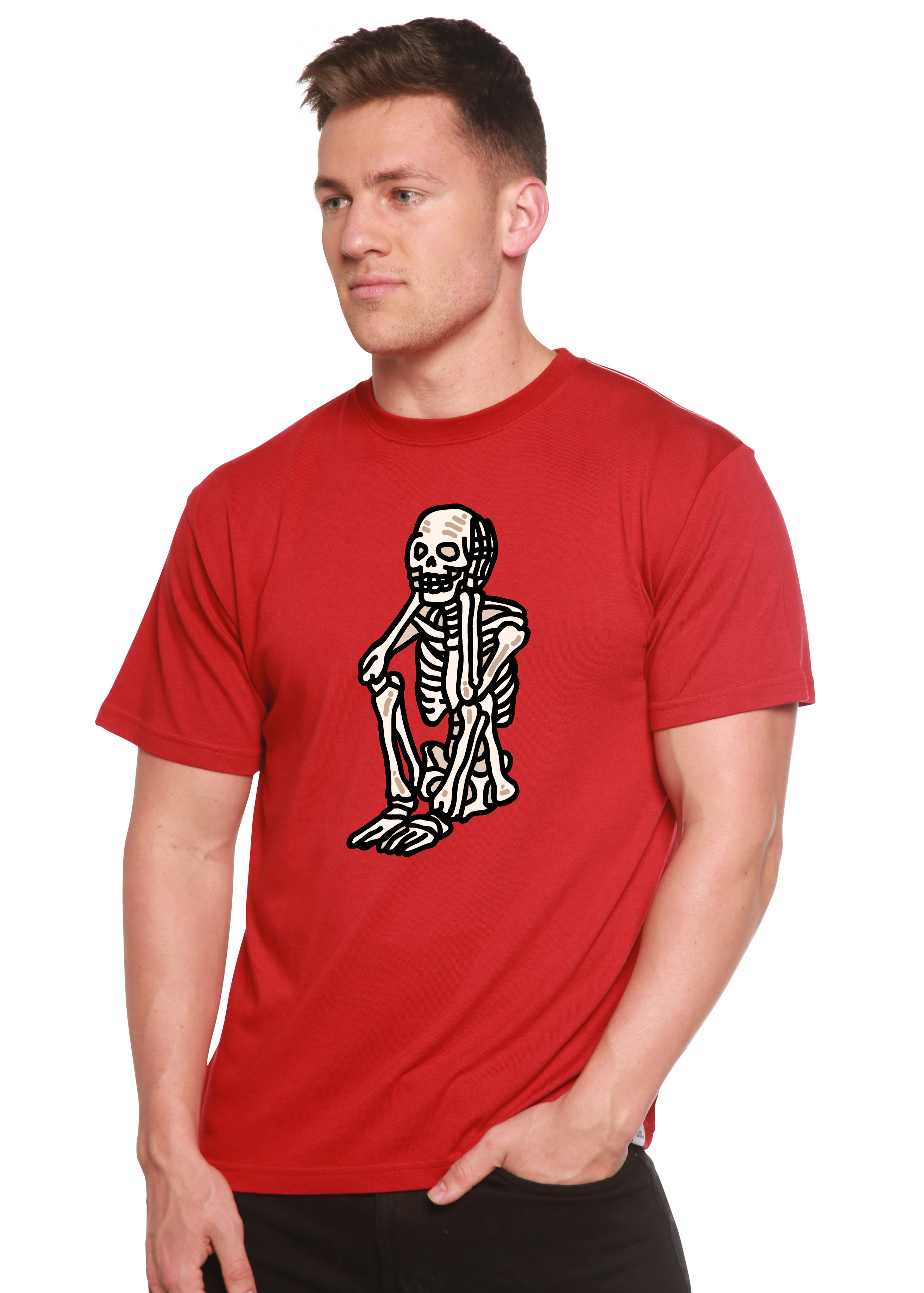 T-shirt graphique unisexe squelette triste Halloween en bambou viscose/coton biologique à manches courtes