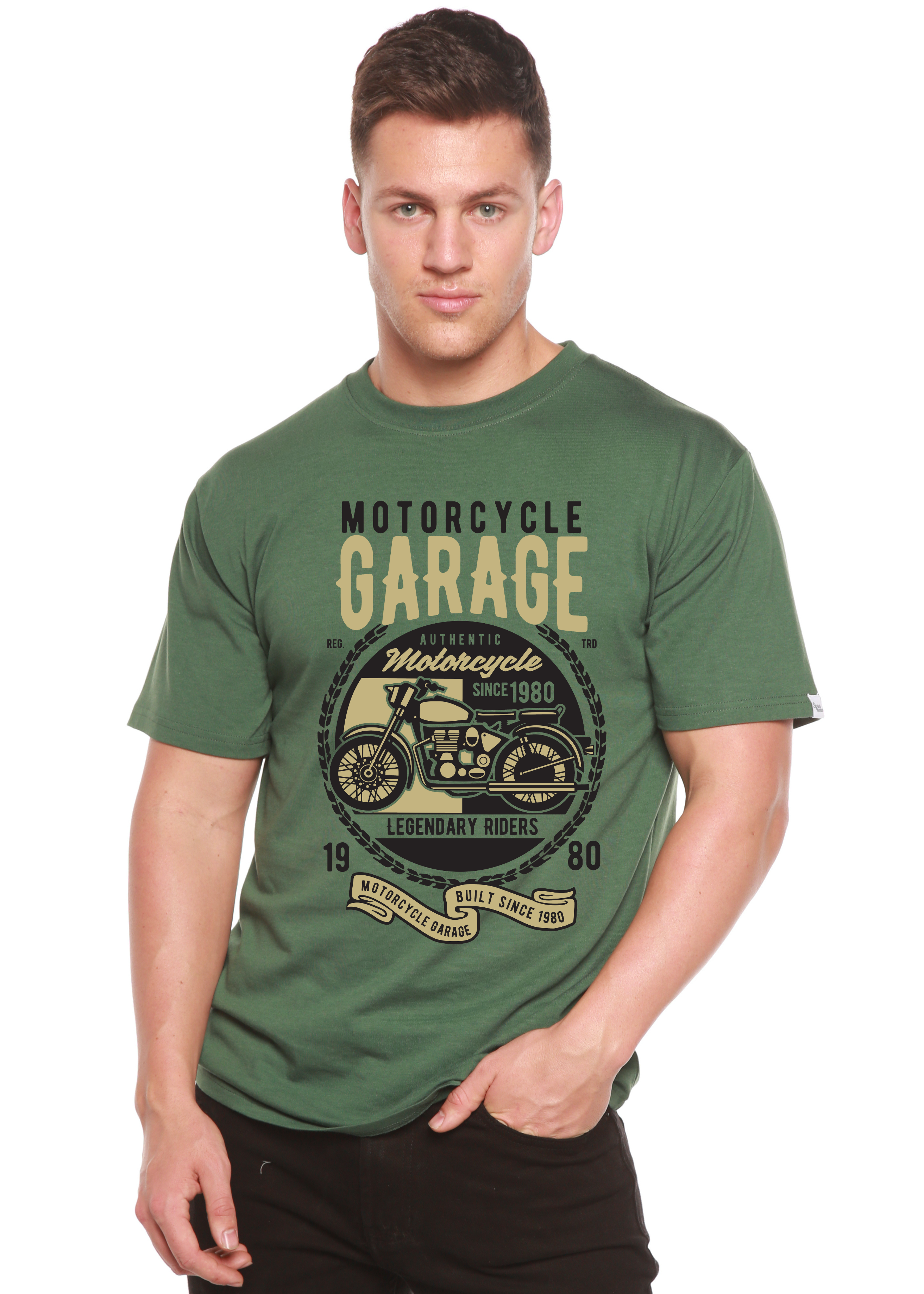 T-shirt graphique à manches courtes pour homme, en bambou, viscose et coton biologique, motif garage moto