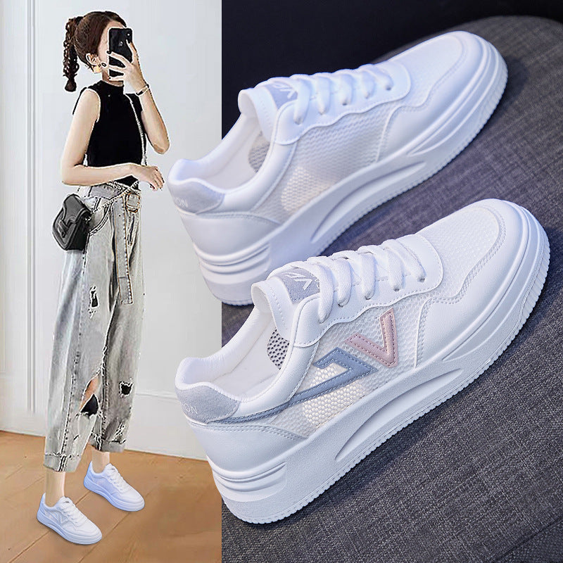 Baskets Respirantes Printemps Femme, Chaussures à Plateforme en Cuir pour Femme, Baskets Décontractées à Lacets, Baskets Blanches Tendance, Baskets à Plateforme en Cuir PU Blanc pour Femme, Baskets de Marche à Lacets