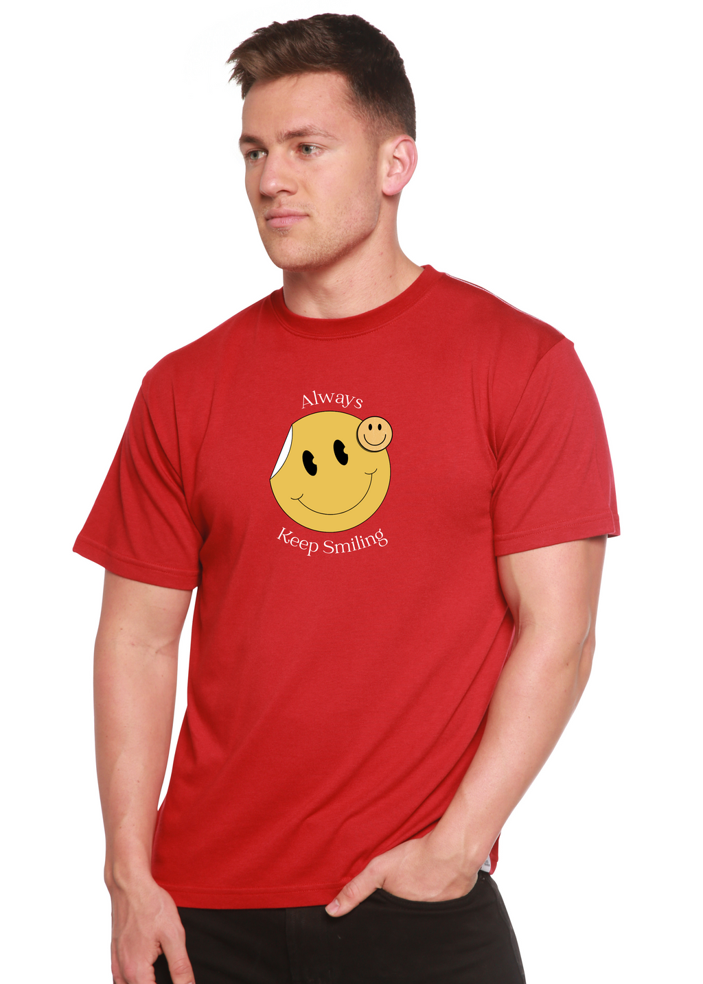 T-shirt graphique à manches courtes en bambou-viscose/coton biologique pour homme avec inscription « Always Keep Smiling »