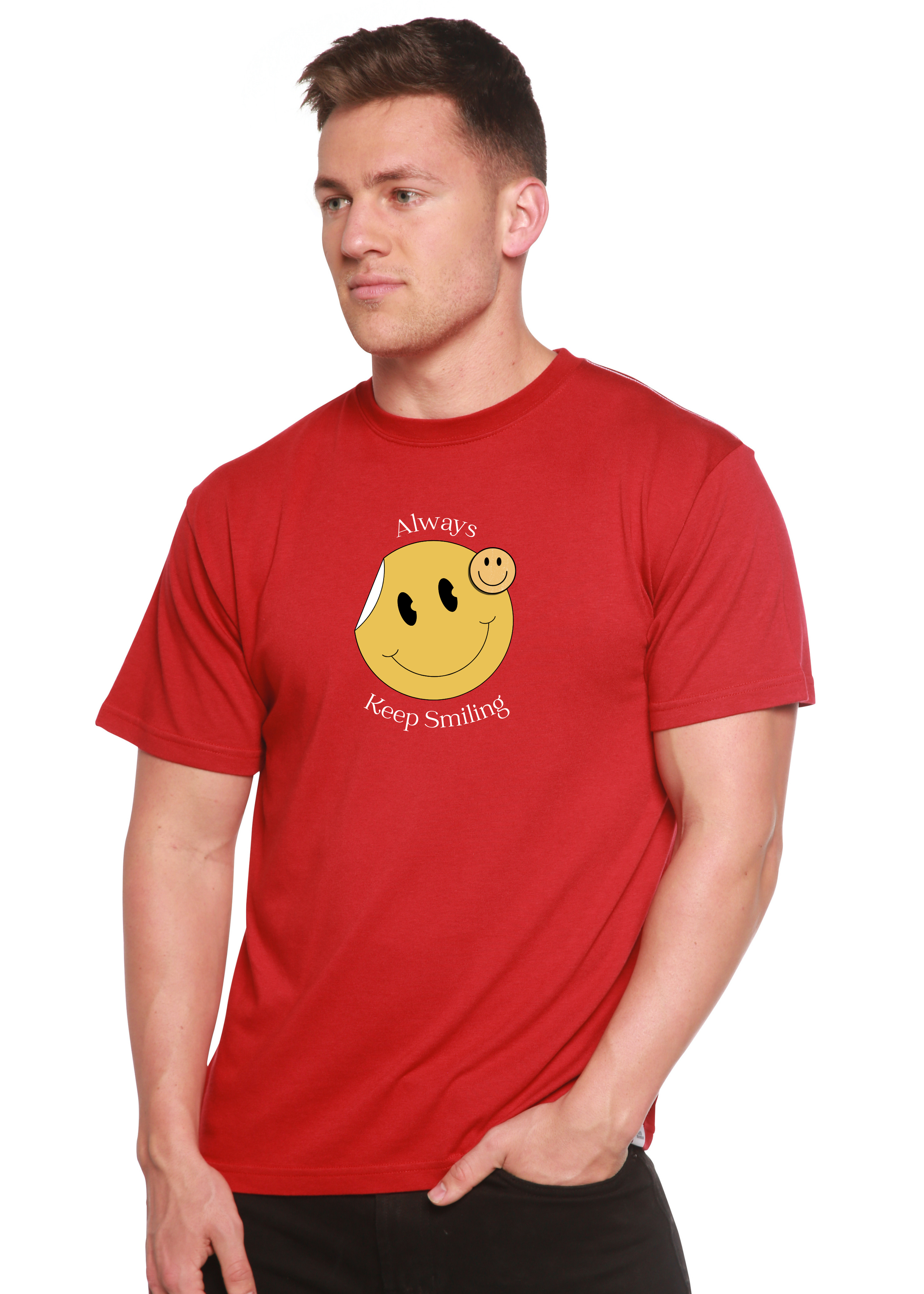 T-shirt graphique à manches courtes en bambou-viscose/coton biologique pour homme avec inscription « Always Keep Smiling »
