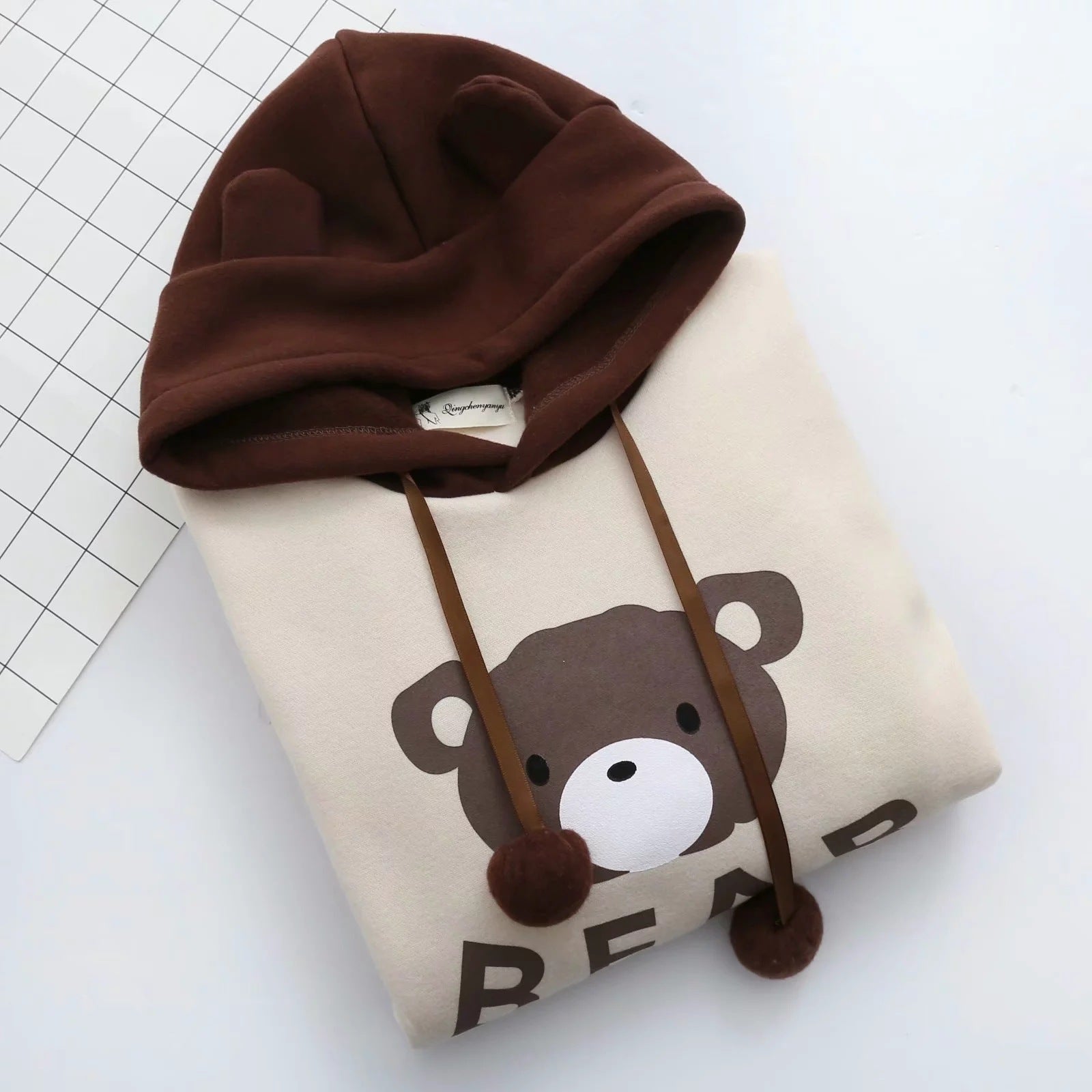 Sweat à capuche femme avec oreilles d'ours, manches longues, ruban, pompon, mignon, pull à capuche, haut, sweat-shirt à capuche