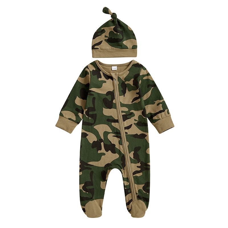 Barboteuse camouflage militaire pour bébés filles et garçons, combishort décontracté mignon à fermeture éclair avec bandeau et chapeau pour filles et garçons