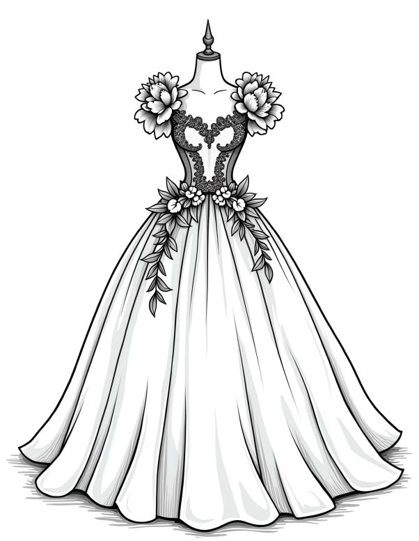 Floral Wedding Dress Coloring Book – 40 Page Printable PDF