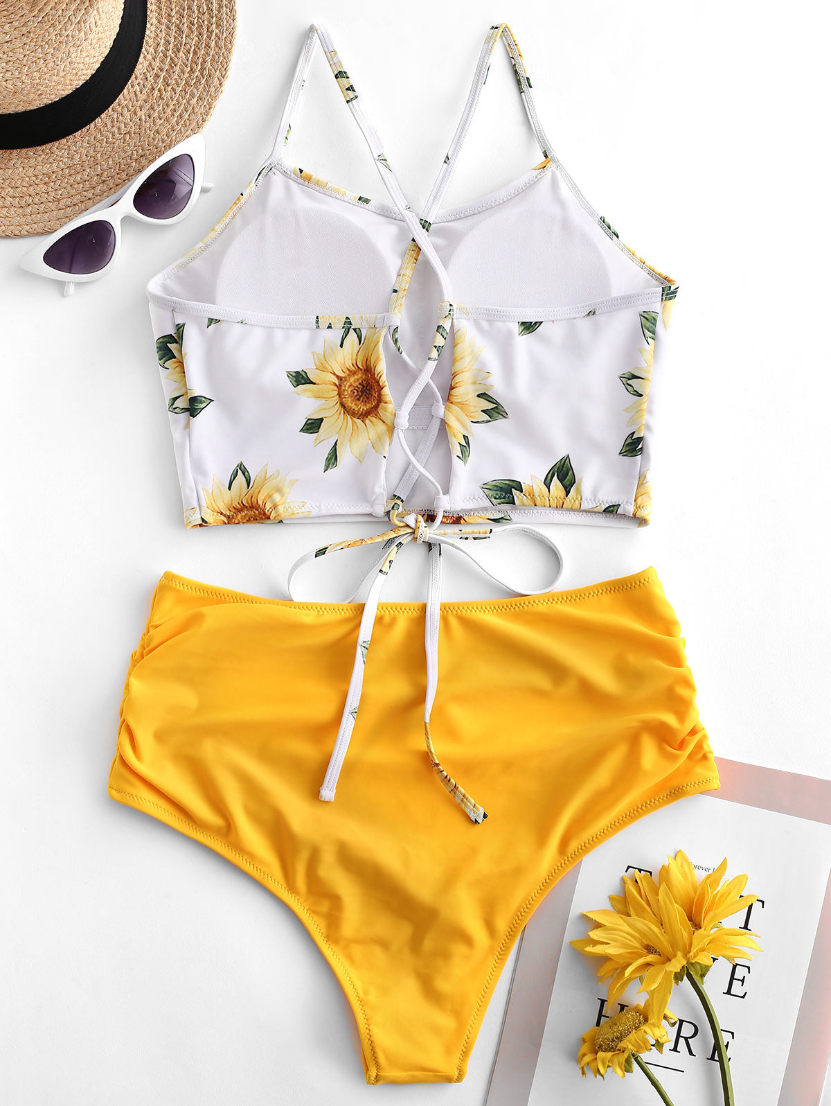 Maillot de bain bikini taille haute tournesol, maillot de bain floral pour femme, haut court floral avec nœud avant, ensemble bikini taille haute deux pièces pour femme, maillot de bain taille haute d'été