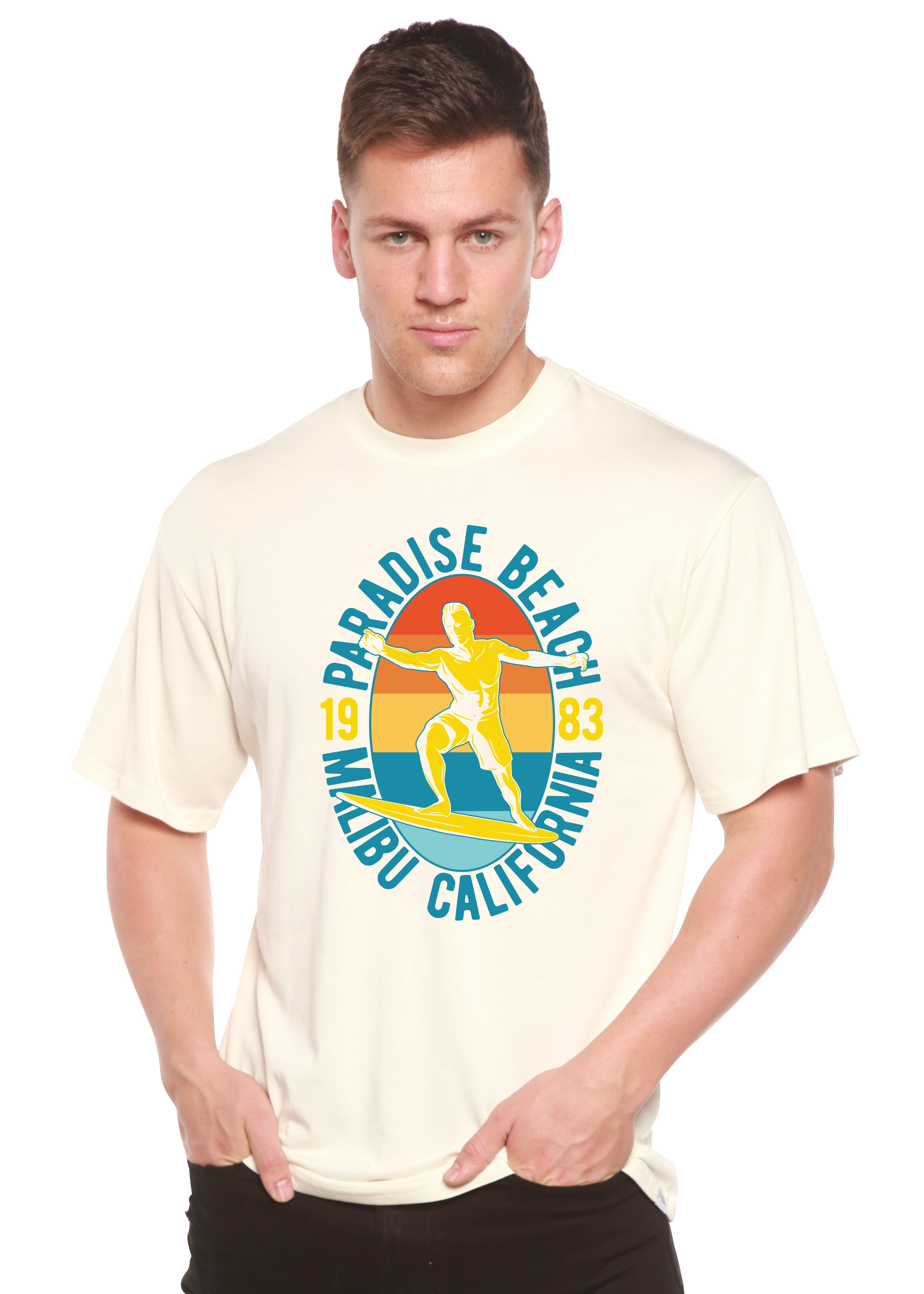 T-shirt graphique Paradise Beach 1983 à manches courtes en viscose de bambou/coton biologique pour homme