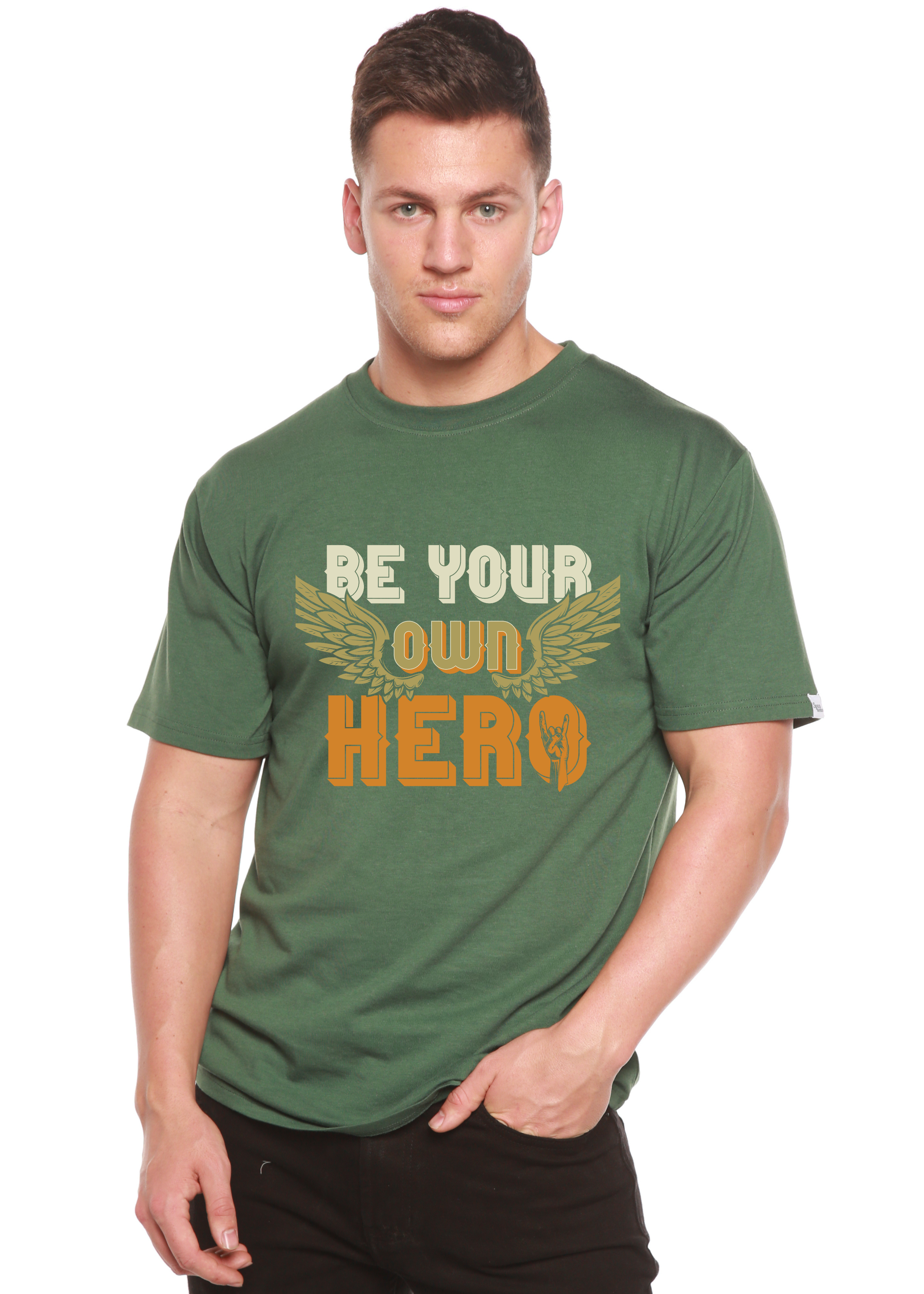 T-shirt graphique à manches courtes pour homme en viscose de bambou/coton biologique "Be Your Own Hero"