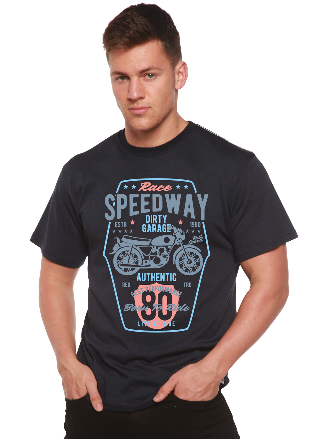 T-shirt graphique Speedway Motorcycle Spun Bamboo® à manches courtes en viscose de bambou/coton biologique pour homme