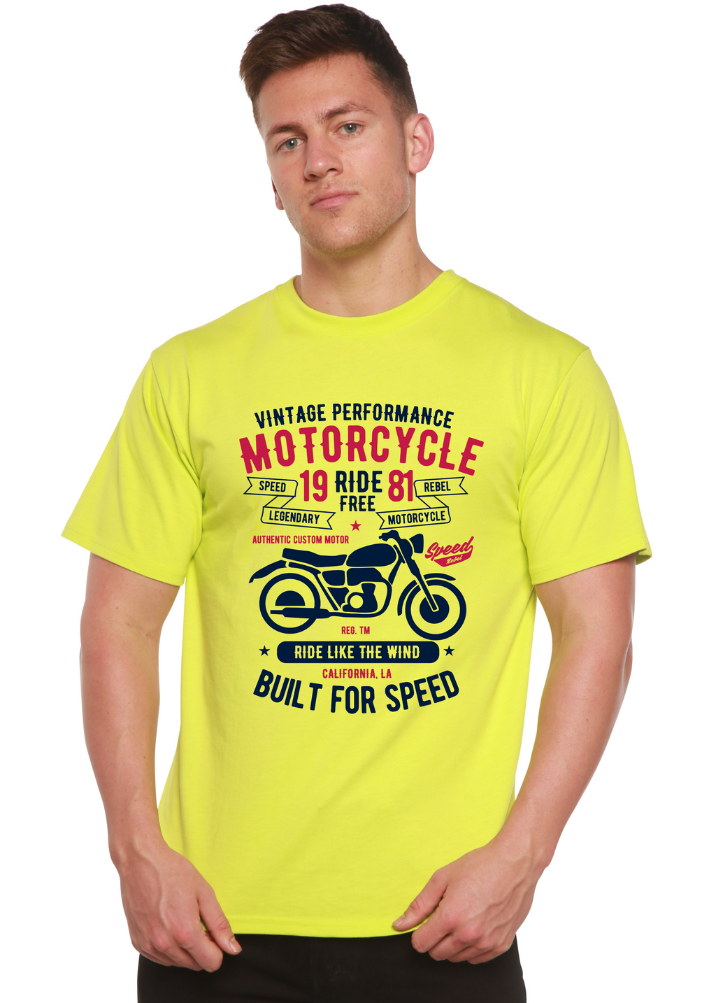 T-shirt graphique à manches courtes pour hommes en bambou/coton biologique "Motorcycle Ride Free"