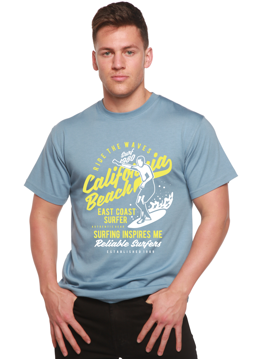 T-shirt graphique à manches courtes en viscose de bambou/coton biologique pour homme Spun Bamboo® "Ride The Waves"