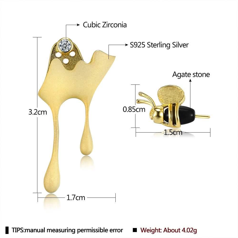 Boucles d'oreilles clous en argent sterling 925, avec oxyde de zirconium transparent 5A, pierre d'agate et motif abeille mignonne