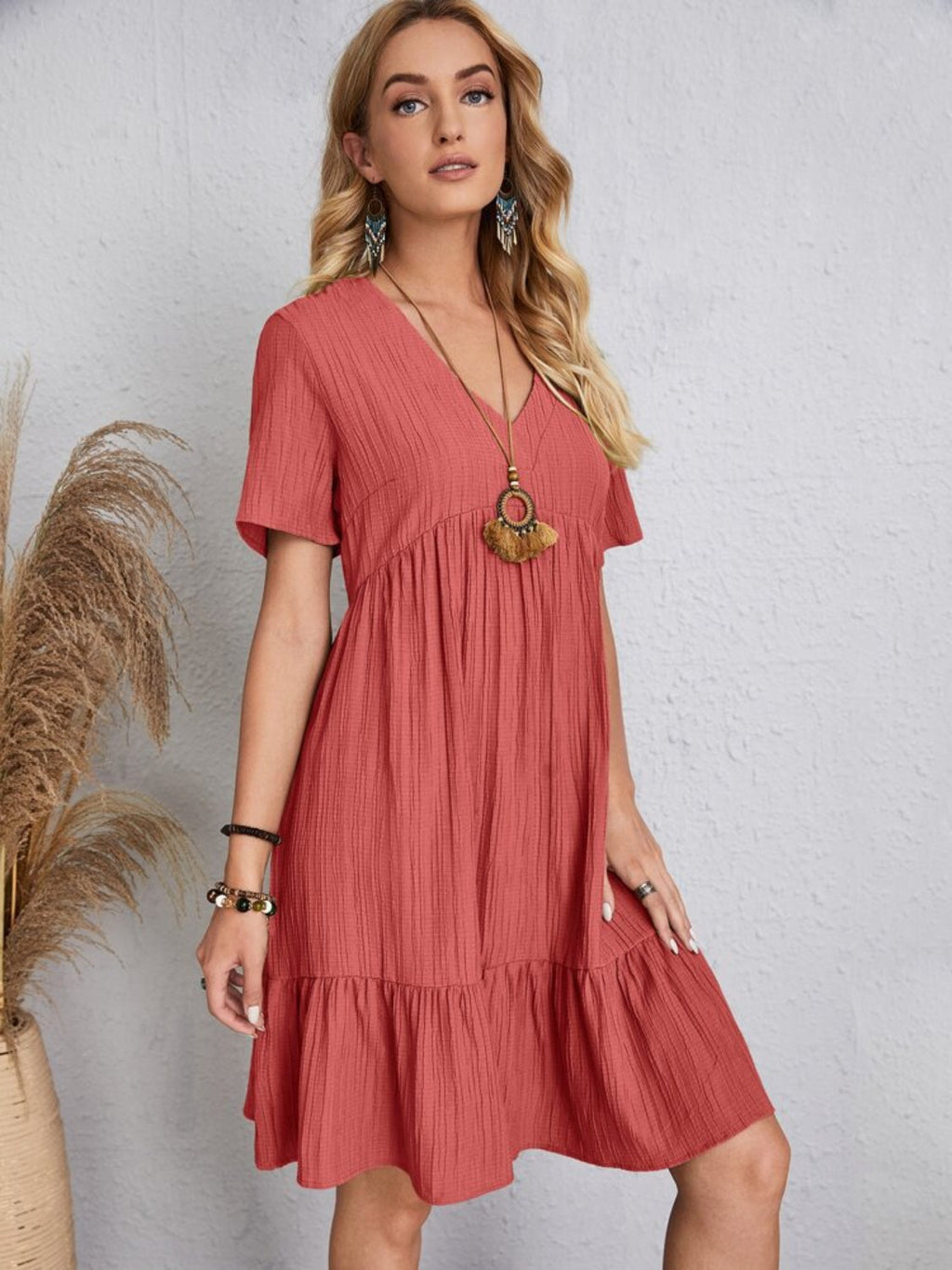 Robe Classique Col V Manches Courtes Décontractée et Confortable pour Femmes