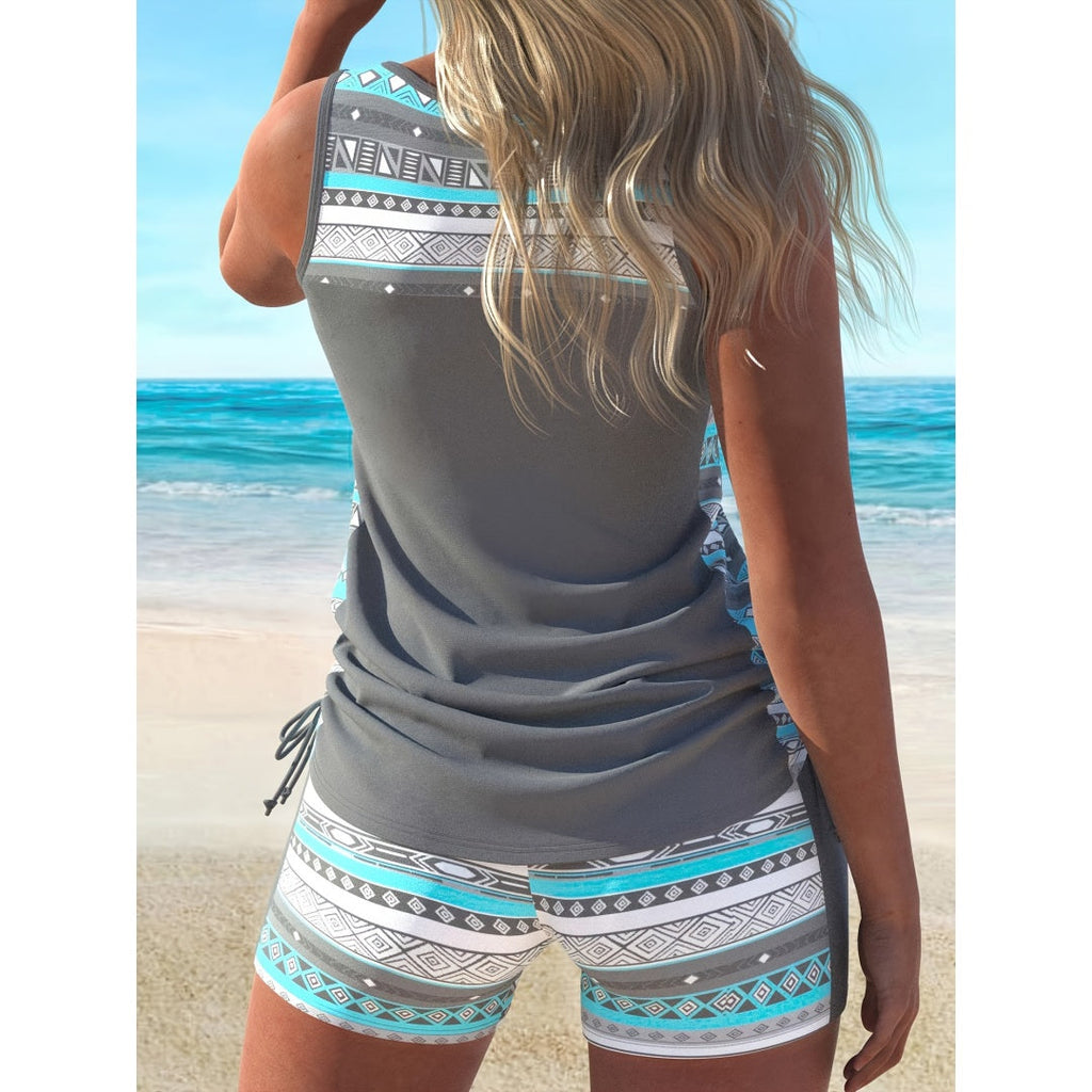 Ensemble tankini grandes tailles à imprimé aztèque – Maillot de bain deux pièces avec haut à col en V et bretelles croisées et short de cyclisme