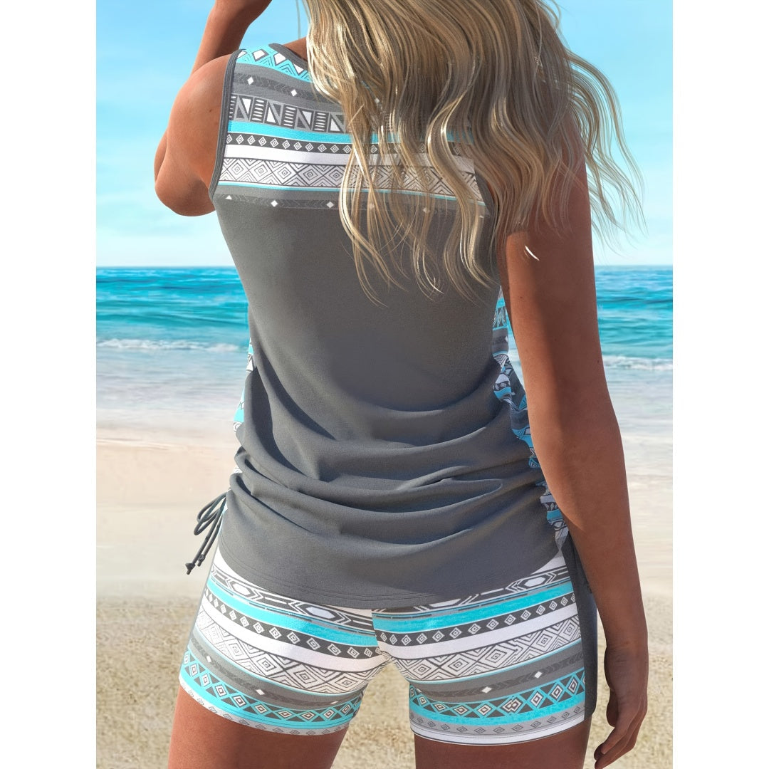 Ensemble tankini grandes tailles à imprimé aztèque – Maillot de bain deux pièces avec haut à col en V et bretelles croisées et short de cyclisme
