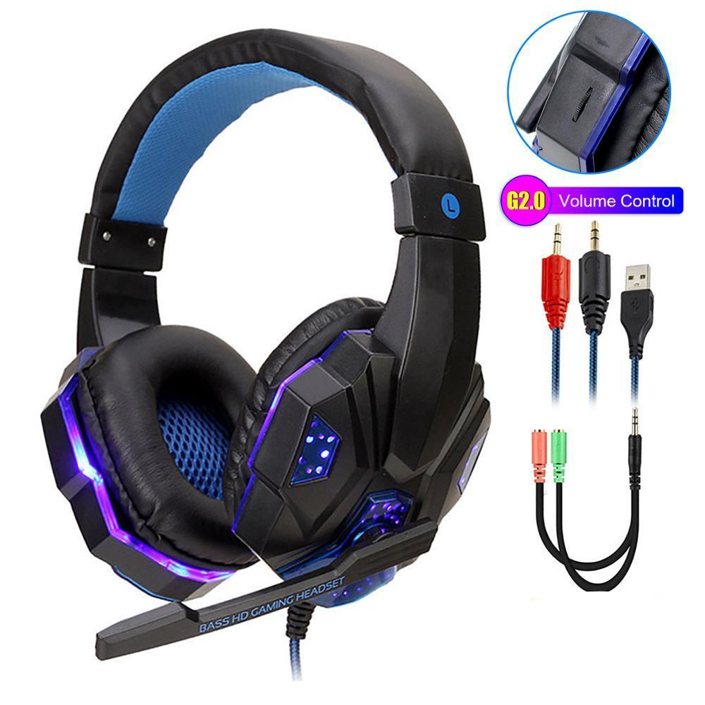 Casque de jeu professionnel lumineux à LED pour ordinateur, basse réglable, stéréo PC Gamer, filaire, supra-auriculaire, avec micro