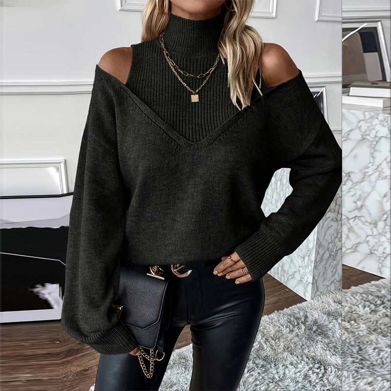 Chandail élégant pour femme, coupe asymétrique, col roulé — Haut en maille à manches longues