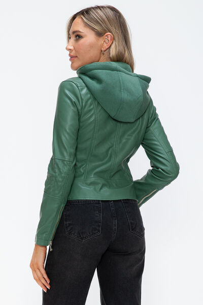Veste à capuche en similicuir zippée avec cordon de serrage pour femme, élégante et décontractée, en cuir PU pour le streetwear