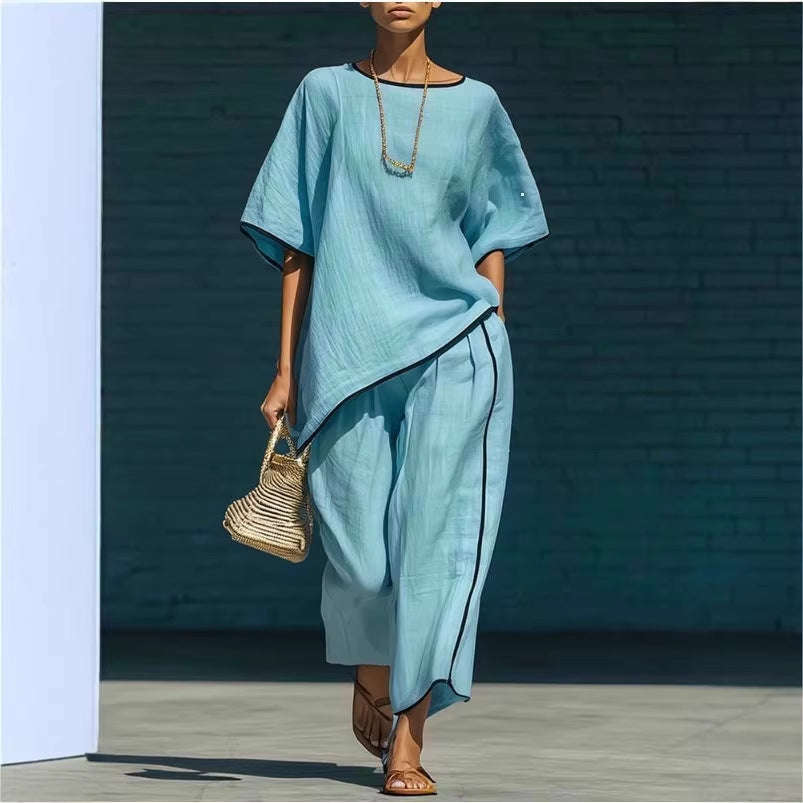 Ensemble Haut Manches Courtes Ample Décontracté & Pantalon pour Femme