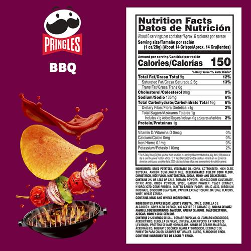 Pringles Chips de pommes de terre, collations pour le déjeuner, collations nomades, barbecue, boîte de 155 g (1 boîte)