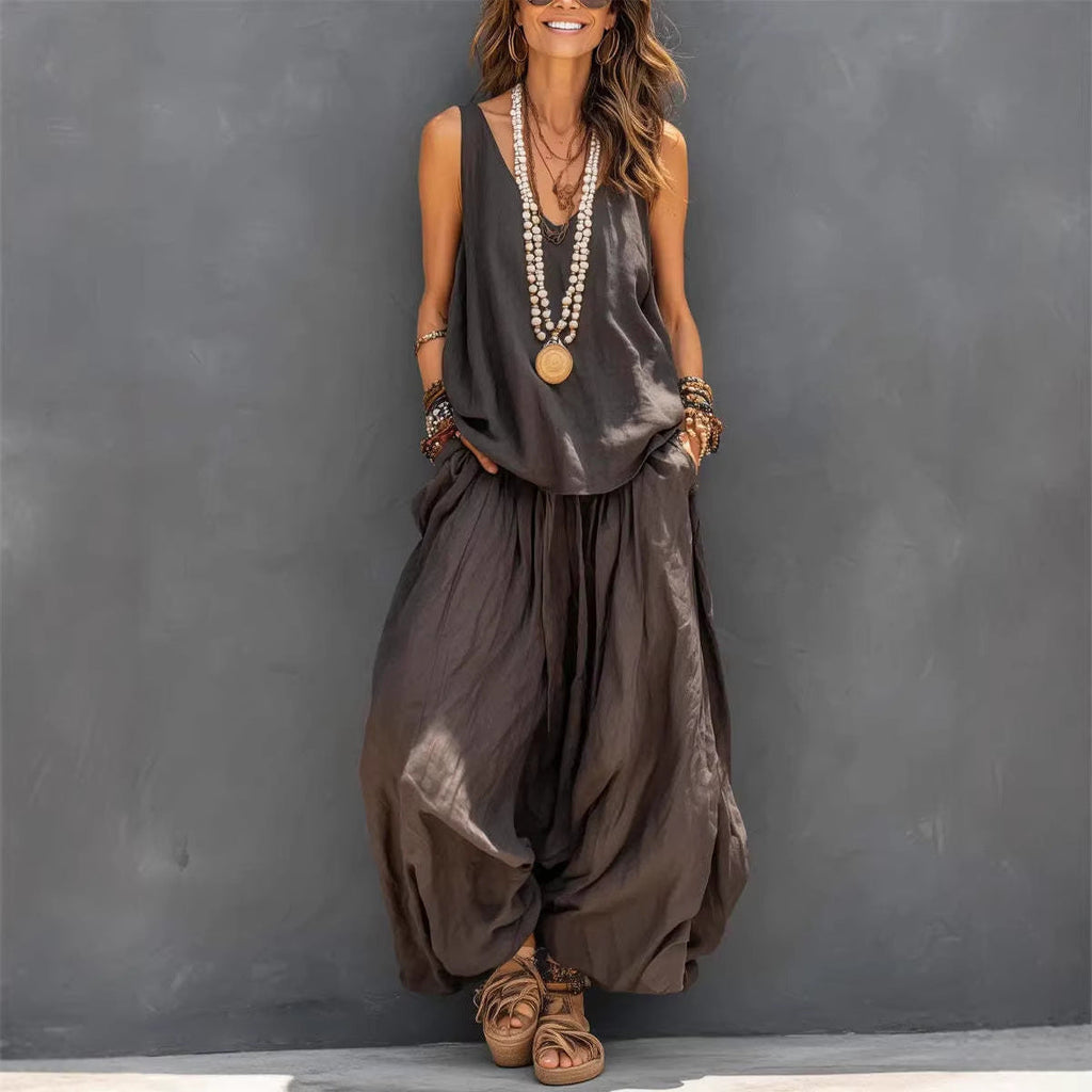 Ensemble débardeur sans manches et pantalon large en coton et lin pour femme