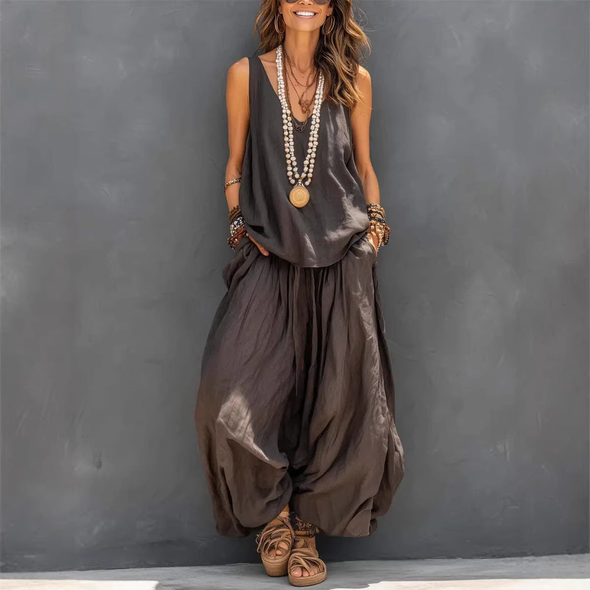 Ensemble débardeur sans manches et pantalon large en coton et lin pour femme
