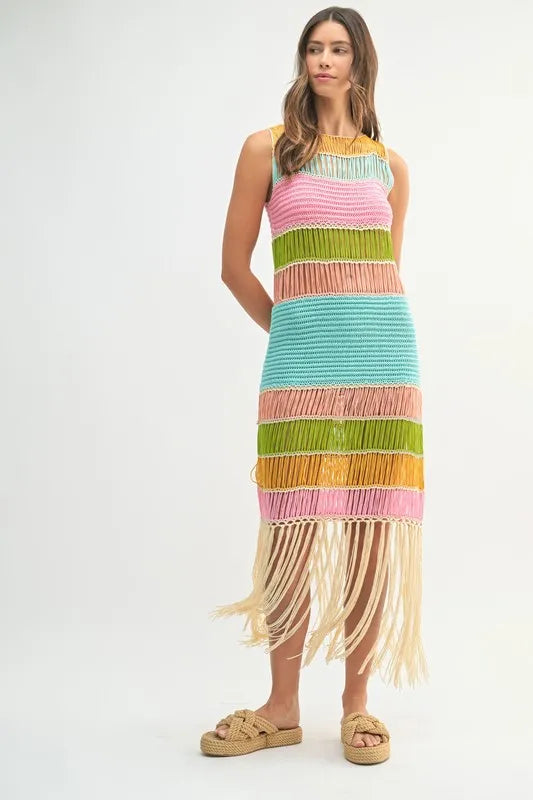 Robe Femme Tricotée au Crochet Franges Multicolores – Robe Tricotée au Crochet, Robe à Franges, Robe Multicolore, Robe Tricotée Bohème, Robe de Festival