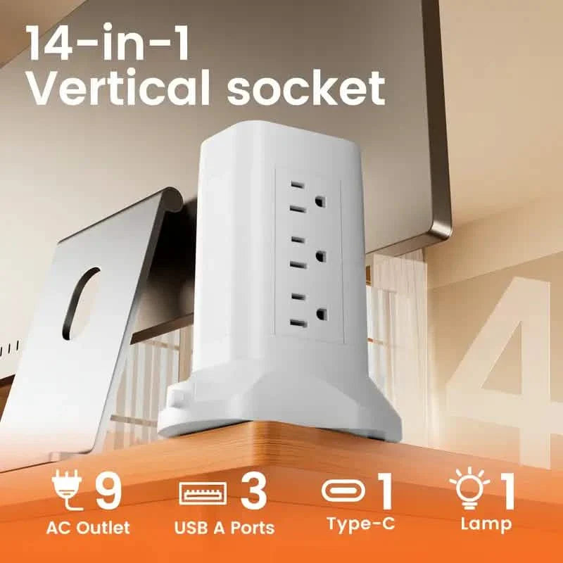 Multiprise tour 14-en-1 avec 4 ports USB et 9 prises CA, câble de 3 m, veilleuse 3 couleurs réglable