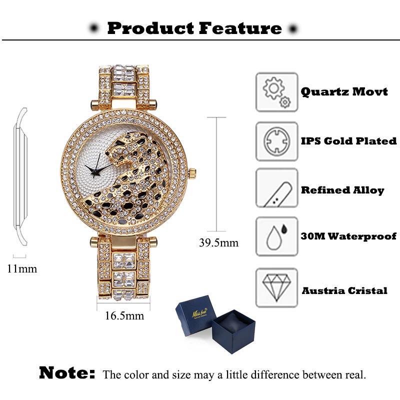 Montre à quartz pour femmes, tendance, bling, décontractée, pour dames, en or, avec cristaux, diamant et léopard, pour femmes et jeunes filles