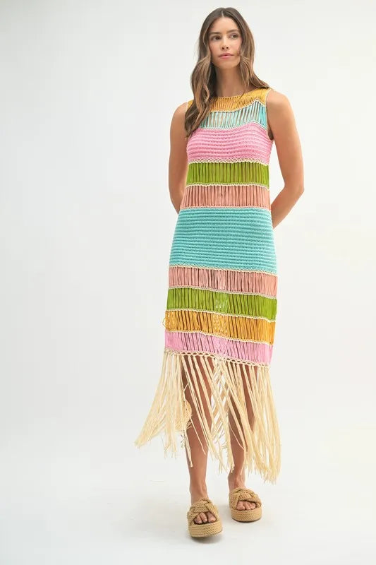 Robe Femme Tricotée au Crochet Franges Multicolores – Robe Tricotée au Crochet, Robe à Franges, Robe Multicolore, Robe Tricotée Bohème, Robe de Festival
