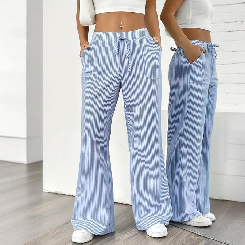 Pantalon long décontracté à rayures, coupe droite et large, avec poches pour femmes